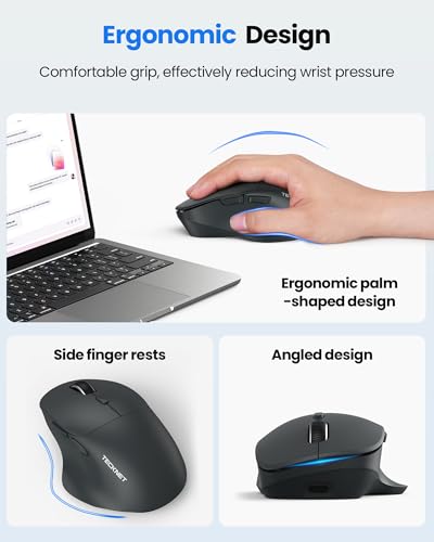 TECKNET Wireless Mouse Bluetooth 5.0/3.0 & 2.4G Rechargeable, Silent Clicks, Adjustable 4800 DPI, 6 Buttons, Ergonomic Design, Bluetooth Mouse for Laptop, Computer, ipad - Gray - color: Gray