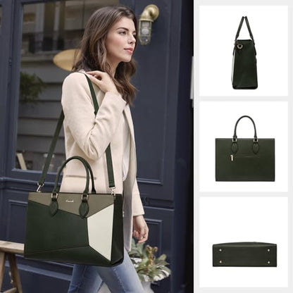 LOVEVOOK Laptop Bag for Women,17 lnch Waterproof Lightweight Leather Tote Bag,Professional Business Office Work Bags with Clutch Purse,Large Capacity Computer Shoulder Handbag,Green-Green-White - color: Army Green - Grass Grey Green - Beige White(leather)