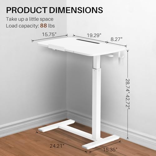 Overbed Table with Wheels, Pneumatic Height and Tilting Desktop | Top Tilts 0-60° with Anti-Slip Stops, Hook, Capacity 66 lbs, 1.18 in Low-Profile Base Slides Easily Under Beds and Sofa - color: White