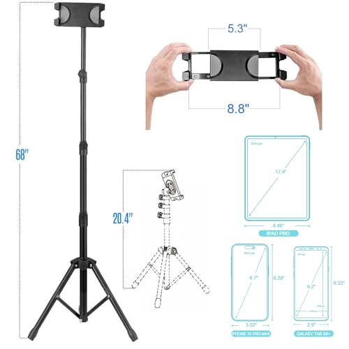 Tablet Tripod for iPad Pro Floor Stand Tripod Mount for Surface Pro Samsung Tab S9+ Holder Stand w. Remote 360° Rotating Adjustable 68" Tall for All 5.8-12.9" Phone/Tablet