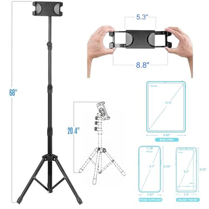 Tablet Tripod for iPad Pro Floor Stand Tripod Mount for Surface Pro Samsung Tab S9+ Holder Stand w. Remote 360° Rotating Adjustable 68" Tall for All 5.8-12.9" Phone/Tablet