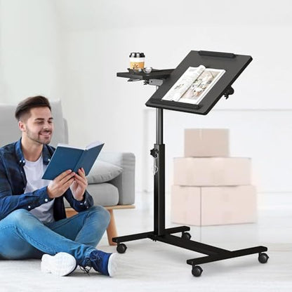 Panta Height Adjustable Rolling Laptop Stand, Overbed Table with 2 Tilting Desktops, Mobile Laptop Table for Couch with Cup Holder, Mobile Computer Workstation for Office, Home and Hospital | Dual tilting desktops, cup holder, mobile workstation, for couc