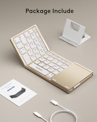 Samsers Foldable Bluetooth Keyboard with Touchpad, Ultra Slim Compact, Gold | Multi-touch Trackpad, Full Size, Phone Holder, USB-C Charging, 1 Device, for Android Windows iOS Mac OS, Mobile Productivity - color: Desert Gold, size: 1-Device