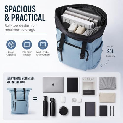Roll Top Laptop Backpacks for Men & Women, Anti-Theft Travel Backpack Fits 15.6-17.3 Inch Laptop, Water-Resistant Durable Computer Bag for Work, College & Daily Commute (Blue) - color: Blue