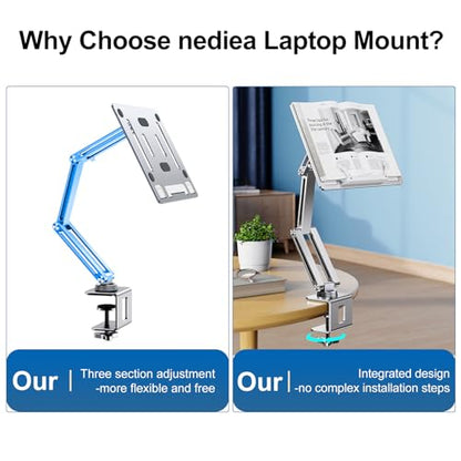 Laptop Stand Desk Mount, Aluminum Adjustable Laptop Arm with Tray | 360° Rotatable Ergonomic Computer Holder for 11-15 Inch Laptops & Tablets, Relieve Neck Strain for Sitting & Standing Work - color: Silver