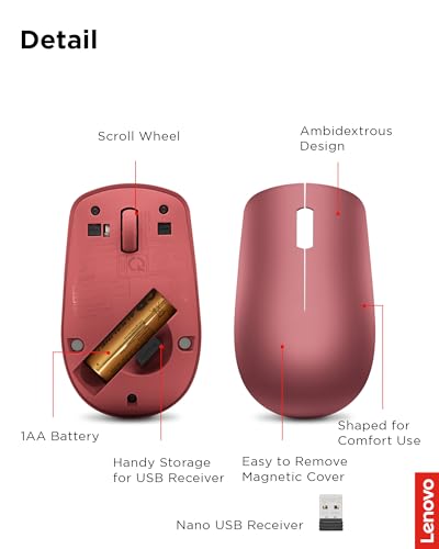 Lenovo 530 Full Size Wireless Computer Mouse for PC, Laptop, Computer with Windows - 2.4 GHz Nano USB Receiver - Ambidextrous Design - 12 Months Battery Life - Cherry Red - color: Cherry Red