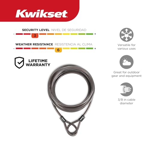 Kwikset Looped End Security Cable, 15 ft, 3/8 in Diameter, Steel, Black | Threads Through Bikes, Kayaks, Ladders and Tools for Use with Any Padlock; 15 ft of Flexible Steel - size: 3/8" Diameter