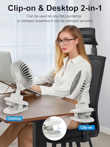 10000mAh Oscillating Desk Clip on Fan,USB Rechargeable,Portable Small Personal Fans,6-Inch Quiet,5Speed Strong Wind,Sturdy Clip,for Office/Bedroom/Room/Camping/Travel/Tent/Stroller.White