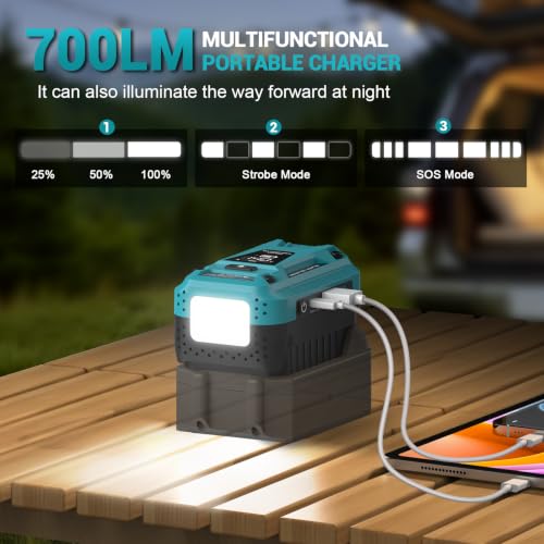 140W Fast Battery Bidirectional Charger Compatible with Makita 18V Battery | Dual USB-C 140W Output, Single USB-A 18W Output, Maximum Output of 280W, 700LM LED Work Light & LED Display (No Battery) - color: Blue