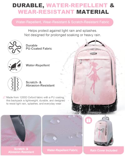 NEW TILAMI 19 Inch Rolling Backpack with Lunch Bag School Stair-Climbing | Stair-Climbing Teen Boys Girls Carry-on Suitcase Large Compartment 15.6 Laptop Sleeve Adjustable Handle Roller Travel Bag - color: Pink Fairy