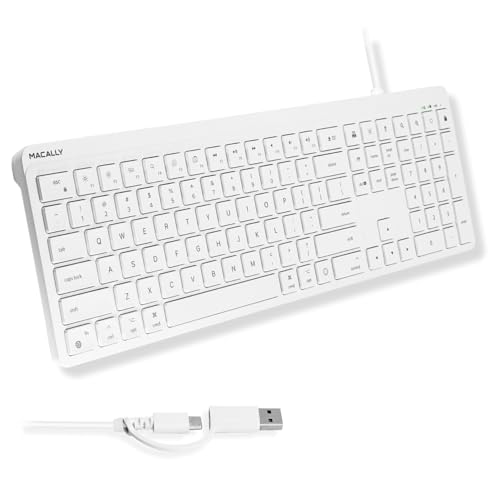 Macally USB C Wired Keyboard for Mac (USB C + USB A) – Full Size Keyboard with 22 Shortcuts, Quiet Typing, for MacBook, iMac, Mac mini, iPad – White - color: White