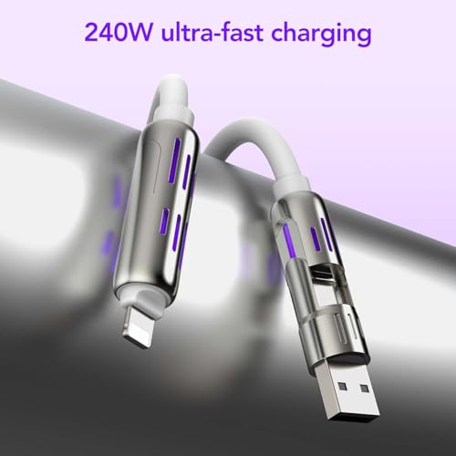 MFish 240W 4-in-1 Charging Cable with Carrying Case, 6.6FT Fast Charger USB-A & USB-C to USB-C/Lightning, for iPhone 17/16/15/14, MacBook, iPad, Samsung S25/S24 (White, 6.6Ft) - color: White, size: 6.6Ft