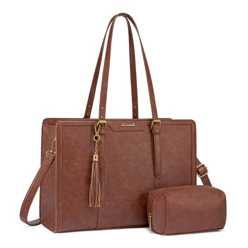 LOVEVOOK Laptop Bag for Women Vintage Leather Laptop Tote 17.3 inch Large Capacity Computer bag with Clutch Purse for Work - color: Brown, size: 17.3 inch