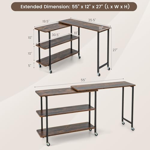 Giantex 360° Free Rotating Sofa Side Table, Mobile L-Shaped Laptop Desk with Sturdy Metal Frame, 6 Universal Casters, Movable Couch Snack Table with 2-Tier Storage Shelf for Home (Rustic Brown) - color: Rustic Brown
