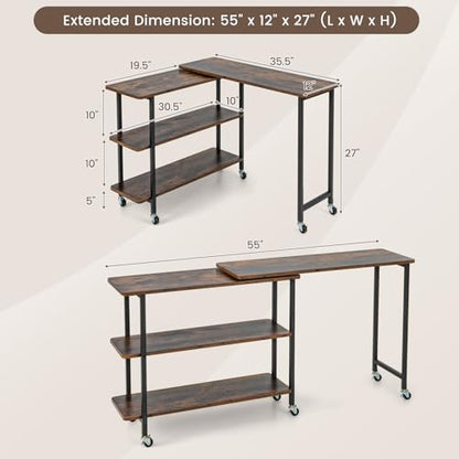 Giantex 360° Free Rotating Sofa Side Table, Mobile L-Shaped Laptop Desk with Sturdy Metal Frame, 6 Universal Casters, Movable Couch Snack Table with 2-Tier Storage Shelf for Home (Rustic Brown) - color: Rustic Brown