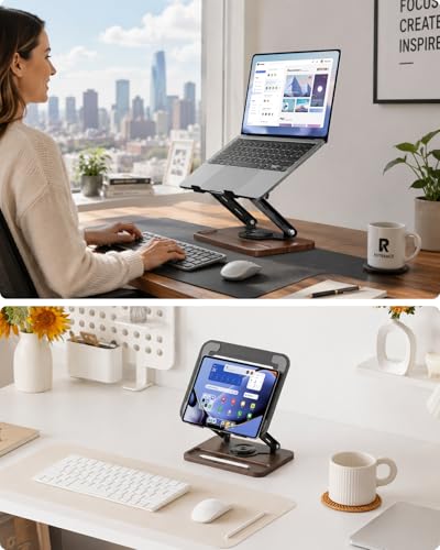 Viozon Laptop Stand for Desk, Adjustable Laptop Desk Stand with Wood Base Storage, 360° Rotating Swivel Computer Stand for Laptop, Ventilated Cooling Desktop Holder Fits up to 15.6" Notebooks/Laptops