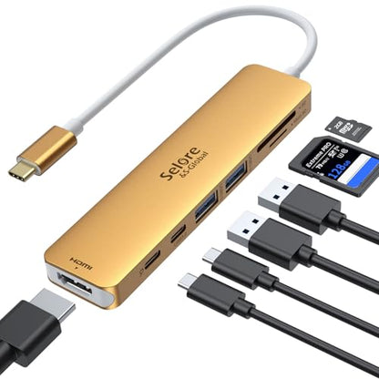 USB C Hub HDMI Adapter for MacBook Pro/Air, 7 in 1 USBC Dongle with HDMI, microSD/SD Card Reader, USB C Data Port,100W PD, and 2 USB 3.0 Compatible for MacBook Pro/Air, Dell XPS, Lenovo Thinkpad. - color: Gold