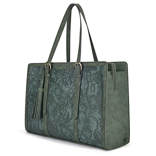 ECOSUSI Laptop Bag For Women 15.6 Inch Work Tote Bags PU Leather Computer Purse For Business Office With 3 Layer Compartments - color: Dark Green