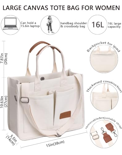 Canvas Tote Bag for Women,Women's Bags Crossbody Bags Work Laptop Tote Bag Large Handbags Purse for Travel Nurse Teacher - color: Beige With Compartments