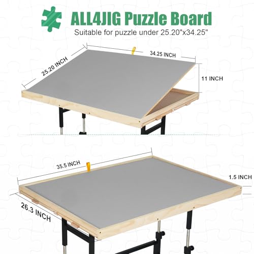ALL4JIG 1500 Piece Puzzle Table with Legs, 24.53"x33.19"Adjustable Puzzle Table, 3-Tilting-Angle Portable Wooden Puzzle Board with 4 Drawers&Cover,Drafting&Laptop Table for Couch,for Lego Building