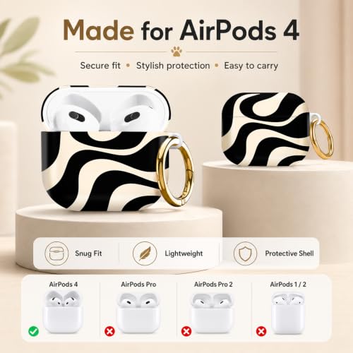 Compatible with AirPod 4 Case 2024, Cute Hard Plastic Protective Cover for Airpod 4th Generation Women, Shockproof Shell Skin with Gold Ring Keychain,Abstract Wavy Black Beige - color: Abstract Wavy Black Beige