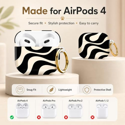 Compatible with AirPod 4 Case 2024, Cute Hard Plastic Protective Cover for Airpod 4th Generation Women, Shockproof Shell Skin with Gold Ring Keychain,Abstract Wavy Black Beige - color: Abstract Wavy Black Beige