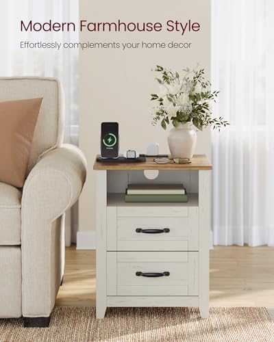 VASAGLE LIRY Collection - Farmhouse Nightstands with Charging Station, Set of 2 Bedside Tables, Side Tables with 2 Drawers, Open Compartment, for Bedroom, Rustic White and Honey Brown ULET869W01 - color: Rustic White + Honey Brown, size: 2 PACK, style: 17