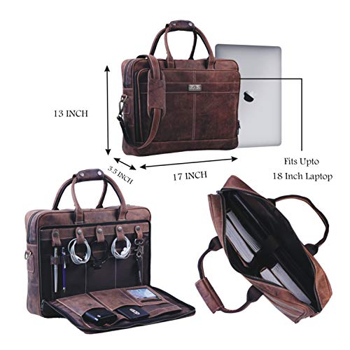 18 Inch Leather Laptop Bag for Computer Bag for Men– Supple Genuine Leather Briefcases for Men W/Padded Laptop Case Leather - color: Brown