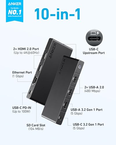 Anker USB-C Hub, 10-in-1 USB Hub, Dual Display with Dual 4K HDMI Ports | 85W Max PD, 3 USB-A and 1 USB-C Data Ports (5 Gbps Max), 1 Gbps Ethernet Port, SD Card Reader, for Dell, ThinkPad and More