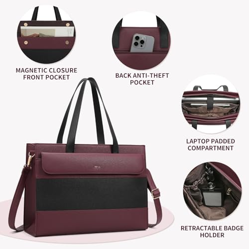 Keyli 3pcs Laptop Bag for Women 15.6 Inch Leather Work Tote Bags Professional Business Office Computer Shoulder Briefcase - color: Sets-black-red