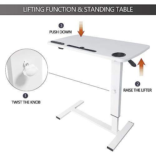 Over Bed Table Pneumatic Adjustable Height Stand Desk with Hidden Wheels USB Ports Pad Slot Mobile Laptop Standing Desk Cart, Podium Table (White, 32X16 inshes) - color: White