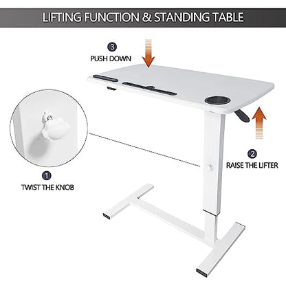 Over Bed Table Pneumatic Adjustable Height Stand Desk with Hidden Wheels USB Ports Pad Slot Mobile Laptop Standing Desk Cart, Podium Table (White, 32X16 inshes) - color: White