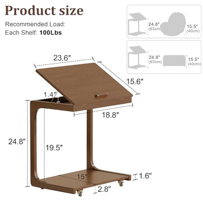 AQIMUELE Wooden C-Shaped End Table,Couch Table with Adjustable Desktop,Small Rolling Side Table with 2 Lockable Wheels 23.6" Width,Small End Table for Couch, Living Room,Bedroom (Walnut) - color: Walnut, size: 15.6"D x 23.6"W x 24.8"H, style: Modern 2 Tie