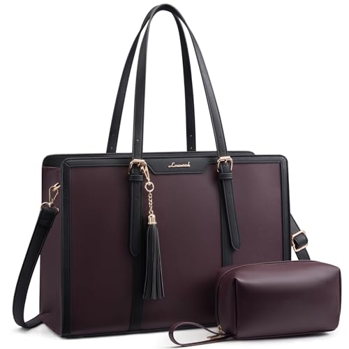 LOVEVOOK Laptop Bag for Women 15.6 inch Lightweight PU Laptop Tote Bag, Large Capacity Computer bag with Clutch Purse for Business, Work, Office, Travel, School,Casual - color: Dark Red & Black, size: 15.6 Inch