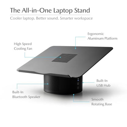 Mossion M1 Laptop Stand with Cooling Fan, Bluetooth Speakers & USB Hub - Titanium Gray | 360° Rotating Aluminum Ergonomic Laptop Stand for Laptops up to 18"