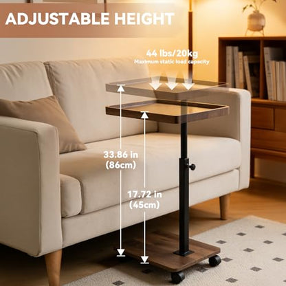 Adjustable Height C Table Side Table with Wheels, 360°Swivel C-Shaped Snack Table with Storage Shelf for Small Spaces, Couch Tray Table, Wood Overbed Sofa Table for Couch Bed Work Eating