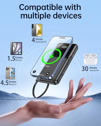 RONEGN Portable Charger with Built in Cable -20000mAh Fast Charging Power Bank USB C Slim 22.5W LED Display Battery Pack 5 Outputs & 3 Inputs for Travel Essentials iPhone Samsung Phones Black - color: Black