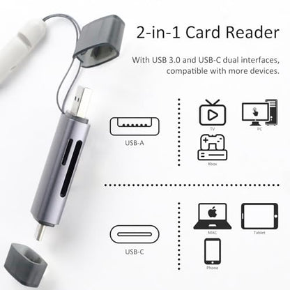 USB3.0 USB-C SD Card Reader, 2-in-1 Wansurs Aluminum Alloy Memory Card Reader with Dual Connectors for SDXC, SDHC, SD, MMC, RS-MMC, Micro SDXC, Micro SD, Micro SDHC, and UHS-I Cards