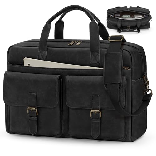 RAINSMORE Messenger Bag for Men 16 Inch Leather Laptop Bags Work Computer Briefcase Vintage Mens Satchel Shoulder Bag for Work, Office, Business, Travel, Black - color: Black