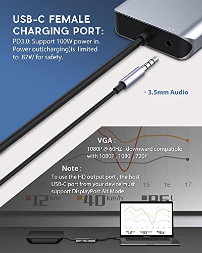 USB C Hub, Type C Adapter, FALWEDI 10-in-1 Dongle with Ethernet, 4K@30Hz HDMI, VGA, 3 USB3.0, SD/TF Card Reader, Mic/Audio, USB-C PD 3.0, Compatible for MacBook Air Pro and Other Type C Laptops