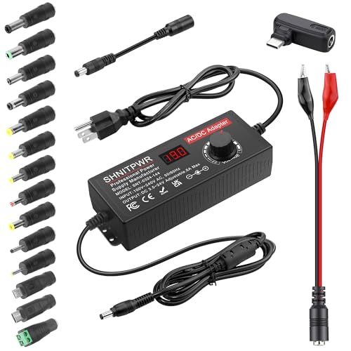 SHNITPWR Adjustable Universal Power Supply DC 4V~24V 3A 5A 6A 144W AC/DC Adapter with USB C Charger PD 100W 100V-240V AC to DC Converter Variable Power Adapter 24V,14 Tips,Alligator Clip Power Cable - size: 3.5V-24V 144W(Pro)