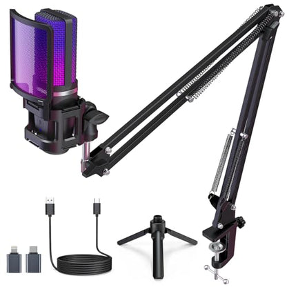 ZealSound Microphone for PC, USB Condenser Gaming Mic with Noise Reduction, Gain Control, Mute, Zero-Latency Monitoring, RGB Lighting, Boom Arm & Tripod Stand for Mac iPhone Android Podcasting TikTok