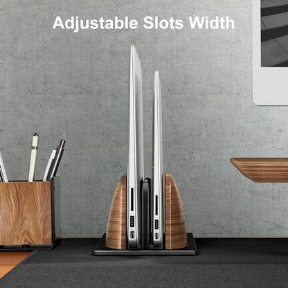 UPERGO Vertical Laptop Stand, Dual Slot Wood Holder for Desk | Solid Walnut & Aluminum, Width Adjustable 0.47"-1.1", Anti-Scratch Silicone Pads, Handcrafted