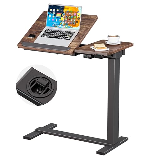 BIZUM Small Electric Standing Desk, Overbed Table Wireless Tilt Top with Hidden Wheels, 27.6×15.8 Inch Adjustable Rolling Laptop Desk, USB-C Rechargeable Battery, Walnut - color: Walnut