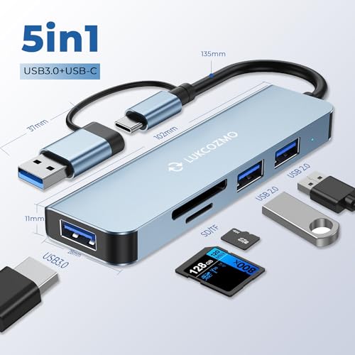 5-in-1 5-Port USB Hub with 3.0 Ports & SD/TF Card Reader | Compatible with MacBook, iPad Pro, Dell, HP, Laptops, Phones, Plug and Play, 5-in-1 USB Extender, TF/SD Card Slot