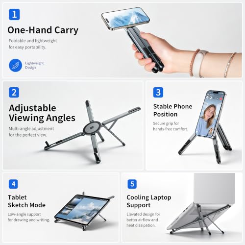 Portable Laptop Stand, 3-in-1 Magnetic Foldable Adjustable, for Desk（Gray） | Aluminum alloy, lightweight compact, 8-level height, ergonomic, for phone/tablet, home office/travel - color: E05-Silver
