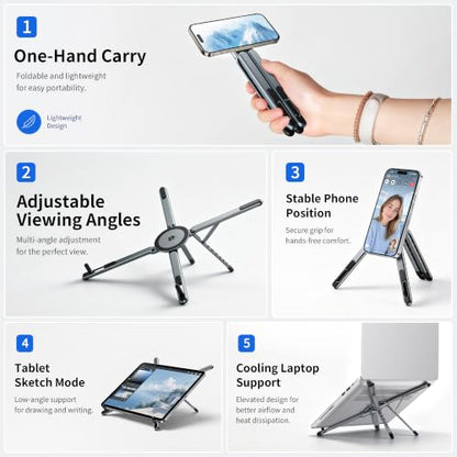 Portable Laptop Stand, 3-in-1 Magnetic Foldable Adjustable, for Desk（Gray） | Aluminum alloy, lightweight compact, 8-level height, ergonomic, for phone/tablet, home office/travel - color: E05-Silver