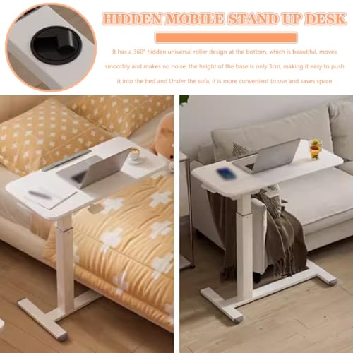 Height Adjustable Standing Desk, Sit Stand Mobile Workstation, Living Room Mobile Sofa Side Table, Reversible Laptop Table with Rollers, Anti-Fall Fence(White) - color: White