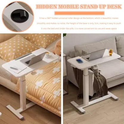 Height Adjustable Standing Desk, Sit Stand Mobile Workstation, Living Room Mobile Sofa Side Table, Reversible Laptop Table with Rollers, Anti-Fall Fence(White) - color: White