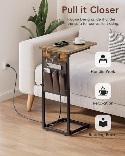 Vagusicc C-Shaped End Tables Set of 2 with Charging Station, 33'' Tall C Table Adjustable Height Side Table, Sofa Table for Couch, Couch Table that Slide Under Sofa, TV Trays for Living Room, Brown - color: 2pc Rustic Brown, style: With Plug